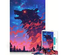Silueta de Lobo en el Cielo Nocturno Rompecabezas para Adultos de 1000 Piezas Juego de concentración Mental Corte láser Diversión Familiar Nocturna Actividad (38x26cm)