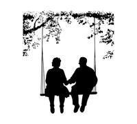 Silueta de pareja de ancianos balanceándose bajo un árbol que simboliza el amor y el compañerismo Calcomanías de tallado fino 42x47.4cm Impermeable Negro