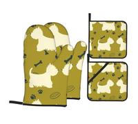 Silueta de Perro del Oeste de Las Tierras Altas del Oeste,Juego de 4 Manoplas y agarraderas para Horno, Antideslizantes, Resistentes al Calor.