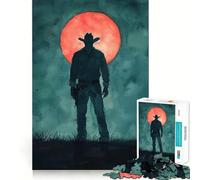 Silueta de Vaquero bajo la Luna roja, Rompecabezas de 1000 Piezas para Adolescentes, Juguete para estimular la lógica, Juego Relajante, Arte de Borde Premium, Coleccionable 50x75cm