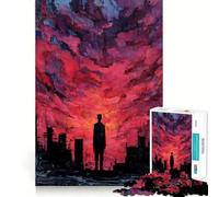 Silueta en un Paisaje Urbano Rojo, Rompecabezas de 1000 Piezas para Adultos, Regalos, Juguete de Habilidad, Alivio del estrés, Corte Exacto, Lista de Deseos de Papá Noel 38x52cm