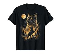 Silueta Mística de Gato bajo la Luz de la Luna Camiseta gráfica económica, Hombre, Negro, M