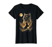 Silueta Mística de Gato bajo la Luz de la Luna Camiseta gráfica económica, Mujer, Negro, XS