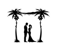 Silueta romántica de pareja de novios bajo palmeras Calcomanías de pared de vinilo 40x50.4cm Decoración de tiendas Negro