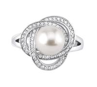 SILVEGO - LPS0044W - Anillo para Mujer de Plata 925 Flor con Perla Blanca Natural y Circonitas