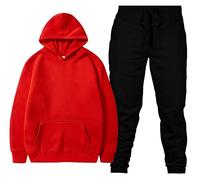 Silver Basic Chándal Liso para Hombre Sudadera con Capucha de Forro Polar y Pantalones Conjunto Deportivo de 2 Piezas para Gimnasio Conjunto de Ropa para Estar en Casa 3XL,Rojo&Negro-1