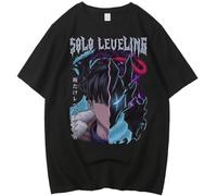 Silver Basic Solo Leveling Men 's Summer Printing Easy Animation Game Short Sleeve shirt-Black5-L1