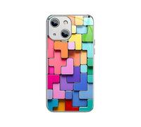 (Silver)For Iphone 14 Colorful Toy Bricks Pattern Shockproof Glass Phone Case