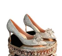 Silver Glitter Wedding Shoes Thin Heel Pointed Light Mouth Crystal Bridal Bridesmaid Pumps(Silver 10CM,Color36)