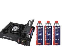 Silver Match Hornillo Camping Gas Portátil con 3 Botellas de Gas Butano de 220g