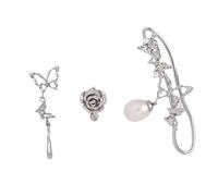 Silver Metal Rose Ear Bone Clip Ear Pin Three-Piece Set Silver Metal Butterfly Rose Pearls Ear Cuff Set Comfortable Ear Clip Accessories Stylish Women Girls