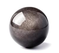 Silver Obsidian Ball Crystal Ball Gemstone Ornament Divination Sphere Sculpture Figurine with Wood Stand for Feng Shui and Home Decor,7cm/2.7in