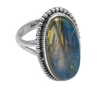 Silver Palace Anillo de plata de ley 925 con piedra labradorita natural en forma oval con cuentas, de eslabones divididos, para mujer, Metal Piedra preciosa, Labradorita