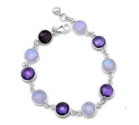 Silver Palace Sterling Silver Natural Rainbow Moonstone, Amethyst Gemstone Bracelete para Mujeres y niñas