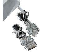 Silver Rhinestone Butterfly Knot Sandals Women's Summer Fairy Style For Skirts Square Head Toe Exposure High Heels(Silver,41)