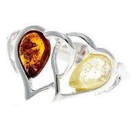 SilverAmber Jewellery Anillo ajustable de plata de ley 925 y ámbar báltico doble corazón - GL713, One-Size, Plata de ley, Ámbar de miel
