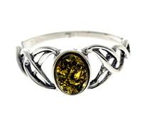 SilverAmber Jewellery - Anillo de plata de ley 925 y ámbar báltico con nudos celtas de diseño - 7482, O, Piedra preciosa, Ámbar verde