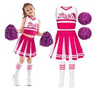 SilverChry Ddisfraz Animadora Niña, Disfraces de Carnaval para Niñas con Pompon, Falda y Calcetines, Traje de Animadora Infantil, Ideal para Fiestas, Competencias y Días Deportivos (Rosa, 150)