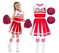 SilverChry Ddisfraz Animadora Niña, Disfraces de Carnaval para Niñas con Pompon, Falda y Calcetines, Traje de Animadora Infantil, Ideal para Fiestas, Competencias y Días Deportivos (Rojo, 140)