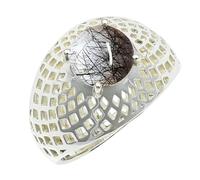 SILVERTROVE Anillo chapado en plata con piedras preciosas Nero rutilato Quarzo para hombre y mujer Joyería artesanal CRG1256BL_65 (207)