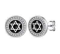 Silvora Pendientes Salomon Achatados Estrellas David Plata, Negro Brillantes Pendientes Hombre Plata Anti Alergico