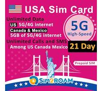 SIM T-Mobile EE. UU., Canadá y México | Datos ilimitados 5G/4G LTE en EE. UU. + 5 GB en Canadá y México | Llamadas y SMS ilimitados (21 días) | ¡Recargable!
