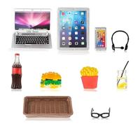 simarro Juego de 10 accesorios de aprendizaje para casa de muñecas, escala 1:12, simulación en miniatura, alimentos, metal, laptop, teléfono móvil y tableta, mini vasos, hamburguesa, cola, papas