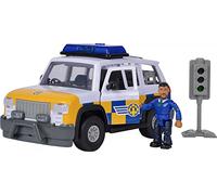 Simba 109251096 - Coche de policía Sam Bombero 4x4 con Figura Malcom, con Sonido Original, Puertas y Maletero para Abrir, 19 cm, para niños a Partir de 3 años