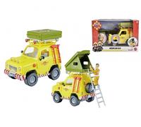 Simba Bombero Sam - Coche Todoterreno con Tienda de campaña en el Techo para desplegar, Figura de Sam, luz, cabrestante, Accesorios, 16 cm, a Partir de 3 años