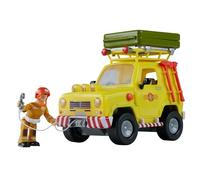 Simba Bombero Sam - Coche Todoterreno con Tienda de campaña en el Techo para desplegar, Figura de Sam, luz, cabrestante, Accesorios, 16 cm, a Partir de 3 años