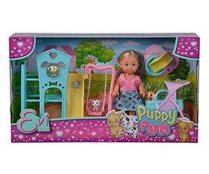 Simba Evi Love Puppy - Muñeca con Tres Cachorros y un Gran Parque de Juegos para Perros, Columpio, tobogán y Cochecito 2 en 1, 12 cm, Adecuado para niños a Partir de 3 años