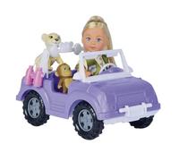 Evi Love Safari - Muñeca de Juguete con Bonito Traje de Safari con Jeep, Mochila, Mono bebé, león, prismáticos, 12 cm, a Partir de 3 años