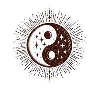 Símbolo celestial del yin y el yang con adornos estelares rodeado de una explosión de energía cósmica. Calcomanías de tallado fino 54.6x55cm No daña la superficie de la pared Café