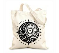 Símbolo celestial del yin y el yang, la luna creciente estrellada y el sol con energía radiante mística Bolsa de tela con asa plana Tela de 12 oz de grosor Sustituye a la mochila escolar 25x30cm