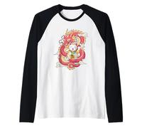 Símbolo de la fortuna oriental del gato y dragón de la suerte, arte japonés Camiseta Manga Raglan