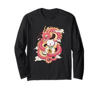 Símbolo de la fortuna oriental del gato y dragón de la suerte, arte japonés Manga Larga
