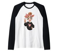 Símbolo de la Paz con Estampado Kawaii de Cow Girl Big Eyes Camiseta Manga Raglan