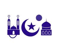 Símbolos islámicos: mezquita, luna creciente, estrella y cuentas de oración. Pegatinas de grabado 47.6x88.8cm No daña la superficie de la pared Azul oscuro