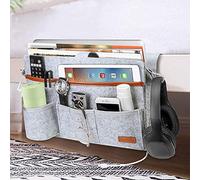 SIMBOOM Bolsillo Organizador para Cama Sofá, Fieltro Bolsa de Cama Almacenamiento con Orificios para Cables para Teléfono, Libro, Remoto, Magzine, iPad, Gafas - Gris Claro