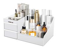 Simbuy Organizador de maquillaje con cajones, organizador de encimera para cosméticos, soporte de tocador para lápiz labial, pinceles, lociones, sombra de ojos, esmalte de uñas y joyas (blanco)