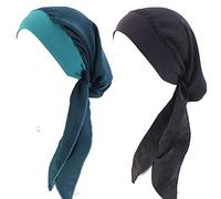Simoda Pañuelo de algodón para mujer, pañuelo preatado, sombrero de quimioterapia, banda elástica, turbante para dormir, para el cáncer, Negro sólido satinado + verde azulado, M