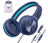 SIMOLIO Auriculares con cable para niños con USB C a 3. Dongle de 5 mm, micrófono integrado y puerto compartido, limitador de volumen de 3 niveles, auriculares sobre la oreja con bolsa, plegables para