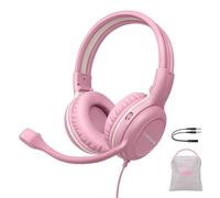 SIMOLIO Auriculares Infantiles con micrófono para la Escuela, Auriculares con Cable de 75/85/94 dB con micrófono Boom para iPad, PC, Laptop, Juegos, Auriculares estéreo Rosa con Cable para niñas,