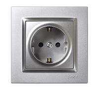 SIMON 10 Enchufe de Empotrar Schuko 250V 16 A, Color Aluminio | Enchufe de Pared Plano y Fino, Fácil de Instalar, Incluye Marco, Tapa y Mecanismo, Base de Enchufe Hembra