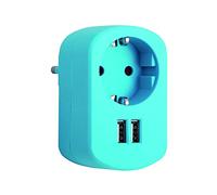 SIMON - Adaptador Combi, Adaptador de Viaje con Toma Schuko 16A y 2 Enchufes USB, Adaptador Corriente de Carga de Pared, Ladrón USB, Color Azul Caribe