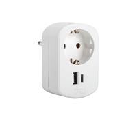 Simon - Adaptador Combi, Adaptador de Viaje con Toma Schuko 16A y 2 Enchufes USB, Adaptador Corriente de Carga de Pared, Ladrón USB, Color Blanco