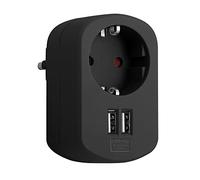 SIMON - Adaptador Combi, Adaptador de Viaje con Toma Schuko 16A y 2 Enchufes USB, Adaptador Corriente de Carga de Pared, Ladrón USB, Color Negro