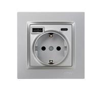 SIMON - Enchufe de Empotrar Schuko + 2 Puertos USB A+C (10,5W), Serie Simon 10, 250V, 16A, Enchufe de Pared con Carga Adicional, Incluye Marco, Tapa y Mecanismo, Color Aluminio