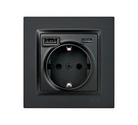 SIMON - Enchufe de Empotrar Schuko + 2 Puertos USB C (10,5W), Serie Simon 10, 250V, 16A, Enchufe de Pared con Carga Adicional, Incluye Marco, Tapa y Mecanismo, Color Negro Mate