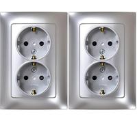 SIMON - Enchufe Doble de Empotrar Schuko, Serie Simon 10, 250V, 16 A, Enchufe de Pared Plano y Fino, Fácil de Instalar, Incluye Marco, Tapa y Mecanismo, Base de Enchufe Hembra Color Aluminio,8,4x12cm